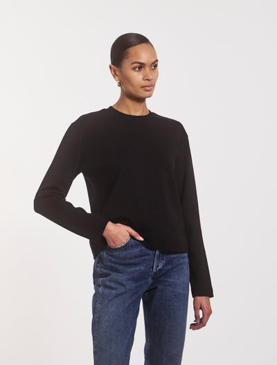 Compact Cotton Long Sleeve T-Shirt in Black