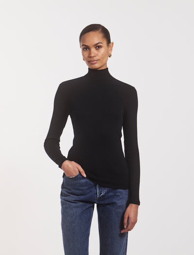 Classic Rib High Neck Top in Black