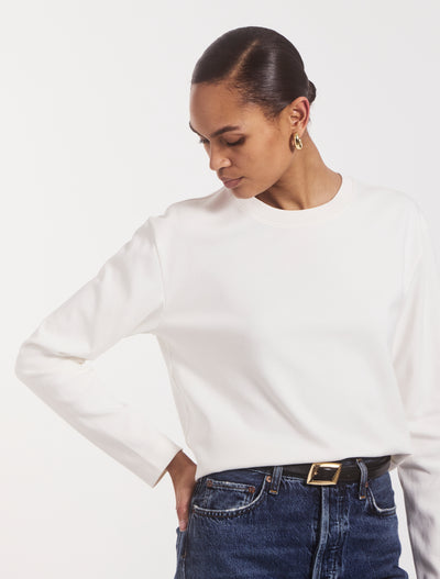 Compact Cotton Long Sleeve T-Shirt in Off White