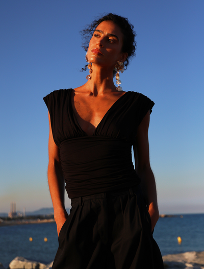 Orla Low V Neck Rouch Side Top In Black